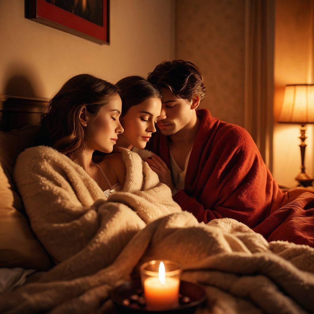 A dimly lit, cozy setting featuring a couple sharing an intimate moment, surrounded by candlelight and soft textures, with playful hints of film reels subtly integrated into the background. The ambiance reflects warmth and connection, symbolizing romance and passion. The color palette includes rich reds and soft golds to evoke feelings of desire and intimacy. super-realistic. warm tones. soft focus.
