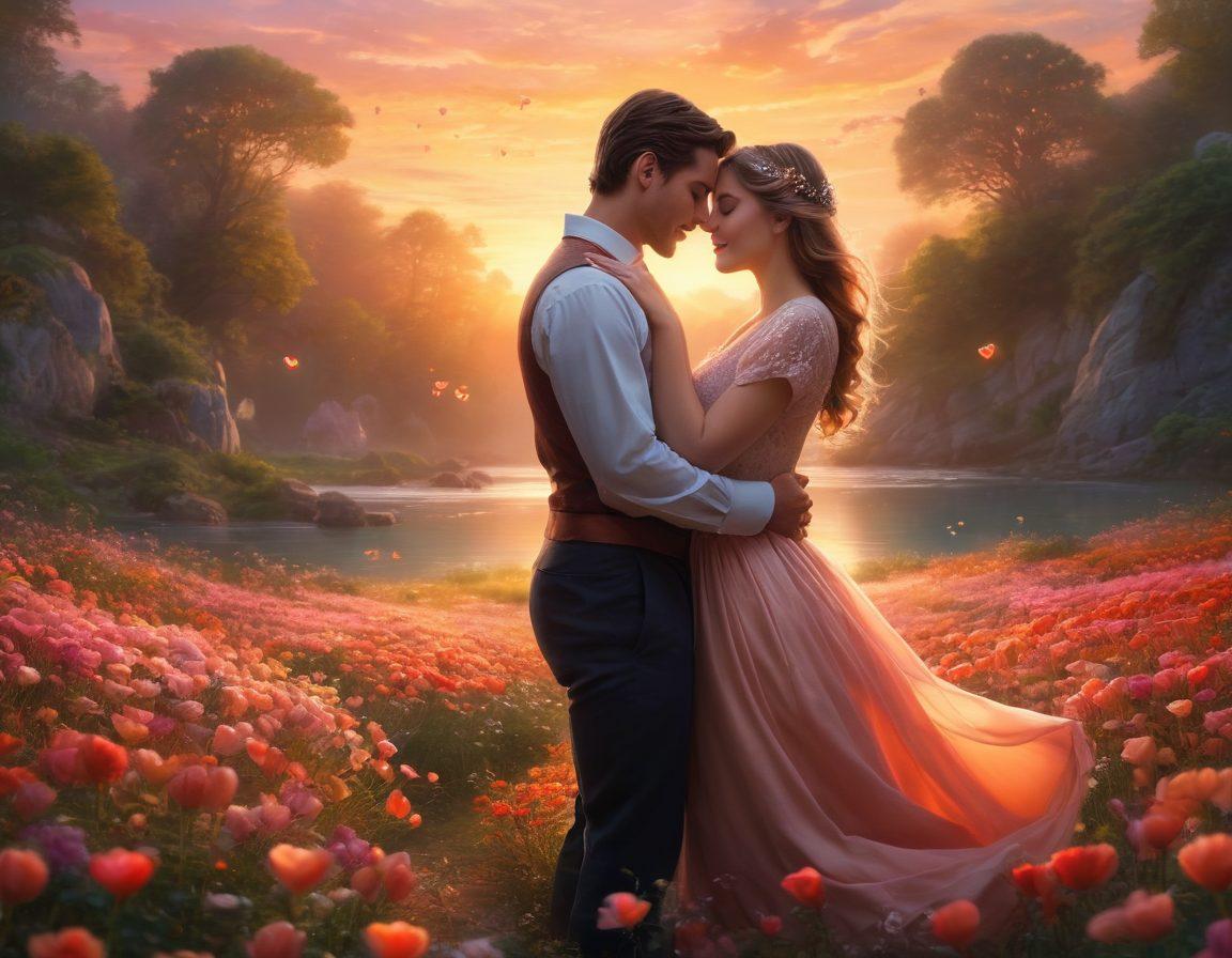 A dreamy landscape blending fantasy and reality, featuring a couple in an intimate embrace, surrounded by whimsical, ethereal elements like floating hearts and soft glowing lights. Include delicate flowers and a subtle sunset in the background to enhance the romantic atmosphere. The couple should have joyful expressions, symbolizing deep connection and passion. Intricate details and vibrant colors should bring the scene to life. super-realistic. vibrant colors. dreamy aesthetic.
